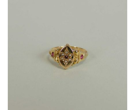 A 15ct gold ring red paste and split pearl ring, hallmarked Birmingham 1876, ring size N 1/2, weight approx 2.1g