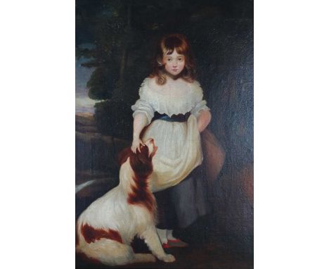 British School (19th Century), Portrait of a Young Girl with her Dog, oil on canvas, measurements 51 x 41 cm, frame 59 x 49 c