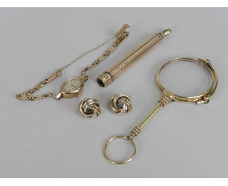 A pair of 9ct tri-coloured gold earrings, together with a a 9ct gold lady's Rotary bracelet watch, a gilt metal extendable fo