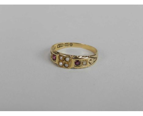A Victorian 18ct gold split pearl and untested ruby ring, designed as a central square panel of four split pearls, flanked to