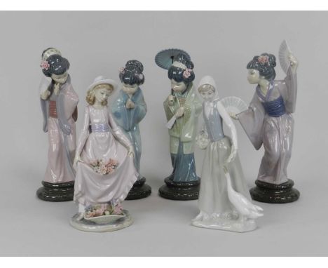 A set of four Lladro Geisha figures together with a further Lladro figure of young girl with basket of flowers and a Nao figu