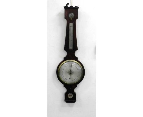 A 19th century mahogany banjo type barometer, Della Tourell (?), London, with silvered dial and thermometer, 107cm (at fault)