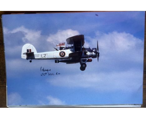 WW2 Lt Cdr Peter Beresford DSC signed 12 x 8 inch colour photo of a Swordfish in flight. Lieutenant Commander John Beresford,
