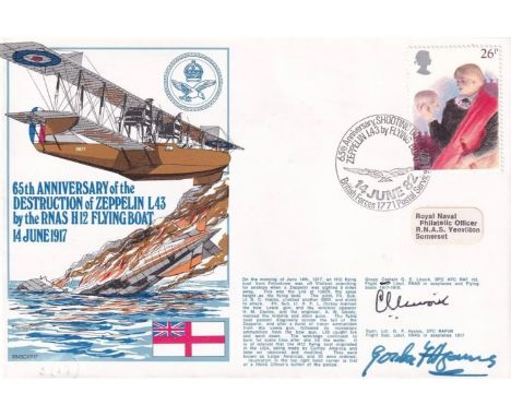 65th Anniv of Destruction of Zeppelin signed by Gp. Capt. G. E. Livock WW1 Pilot, and G Hyams Crew 1917. 14 Jun 82 - BFPS 177
