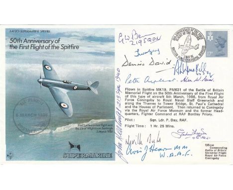 F1 50th Anniv 1st flight Spitfire Signed 10 Battle of Britain Pilot Crews WAAF, 5 Mar 86 BFPS 2110 50th Anniversary of the fi