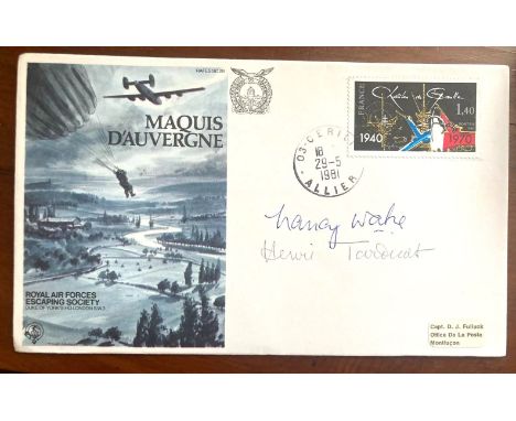 WW2 SOE Agents Nancy Wake 'The White Mouse' ND Henri Tardivat RARE signed cover. RAF Escaping Society Maquis D'Auvergne cover