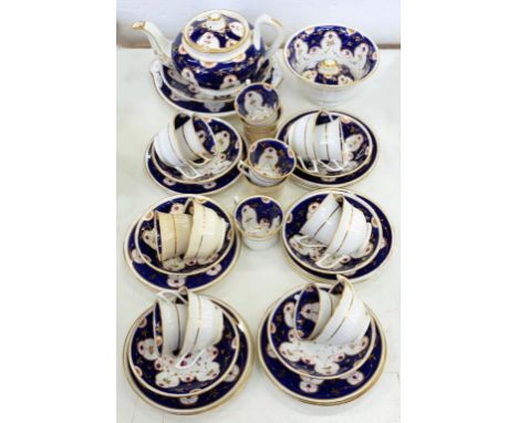 A STAFFORDSHIRE COBALT GROUND BONE CHINA TEA AND COFFEE SERVICE, TEAPOT, COVER AND STAND 18CM H, C1840