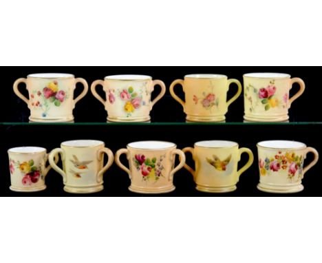 NINE ROYAL WORCESTER AND GRAINGER'S WORCESTER MINIATURE WARES, DECORATED WITH BIRDS OR FLOWERS ON A SHADED APRICOT GROUND, 3.