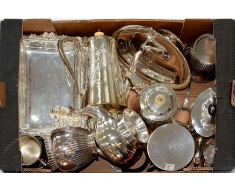 MISCELLANEOUS PLATED WARE INCLUDING FOUR PIECE TEA AND COFFEE SERVICE, CANDLESTICK, TANKARD, CAKE BASKET, ETC