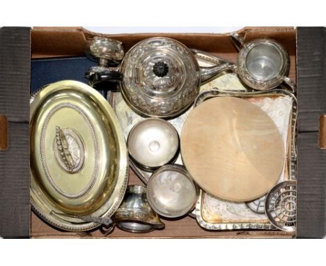 MISCELLANEOUS PLATED WARE, INCLUDING A THREE PIECE TEA SERVICE, BREAD BOARD, ENTREE DISH, ETC