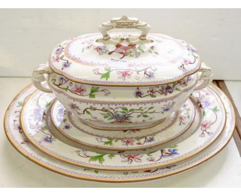 ROYAL WORCESTER SOUP TUREEN, COVER AND STAND AND TWO GRADUATED MEAT DISHES
