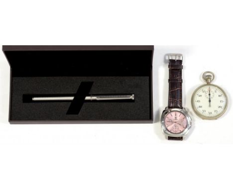AN ALFRED DUNHILL STAINLESS STEEL FOUNTAIN PEN, THE GOLD NIB MARKED 18K 750, CASED, A BRITISH MILITARY NICKEL CASED KEYLESS S
