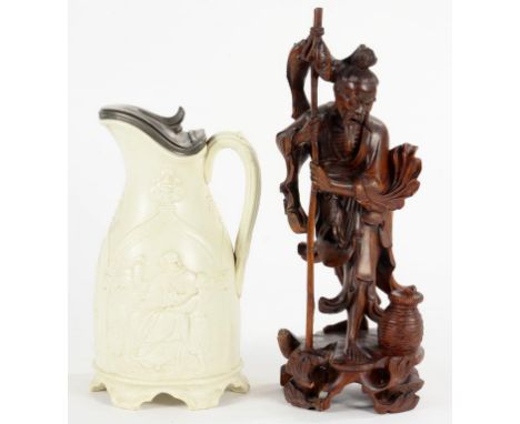 A PEWTER MOUNTED T&R BOOTE PRESS MOULDED STONEWARE JUG, 24CM H, MID 19TH C AND A JAPANESE CARVED WOOD FIGURE OF A FISHERMAN