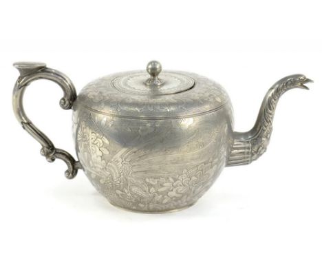 A CHINESE ENGRAVED PEWTER GLOBULAR TEAPOT AND COVER  11.5cm h, stamped WONG TAI STORE KEEPER and   PEWTER WARE SWATOW, early 