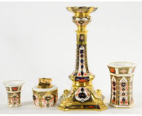 A ROYAL CROWN DERBY IMARI DOLPHIN CANDLESTICK, TWO VASES AND A LIGHTER, CANDLESTICK 26.5CM H, PRINTED MARK