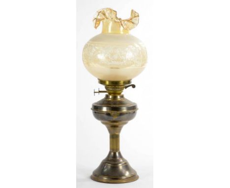 A BRASS OIL LAMP AND GLASS SHADE, 52CM H