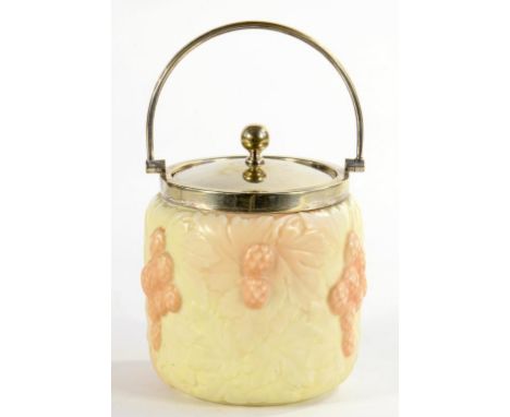 AN EPNS MOUNTED LOCKE & CO WORCESTER BISCUIT BARREL AND COVER, MOULDED WITH HOPS, 14CM H, EXCLUDING HANDLE, PRINTED MARKS, C1