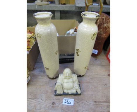  Sale Item:    2 CRACKLE VASES & BUDDHA (AF)   Vat Status:   No Vat   Buyers Premium:  This lot is subject to a Buyers Premiu
