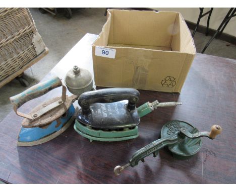  Sale Item:    2 IRONS & BEAN SLICER (AF)   Vat Status:   No Vat   Buyers Premium:  This lot is subject to a Buyers Premium o