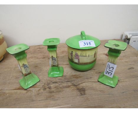  Sale Item:    3 ROYAL DOULTON CANDLESTICKS & BISCUIT BARREL (AF)  Vat Status:   No Vat   Buyers Premium:  This lot is subjec