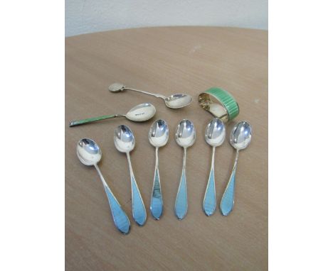  Sale Item:    SILVER & ENAMEL SPOONS & NAPKIN RING ETC  Vat Status:   No Vat   Buyers Premium:  This lot is subject to a Buy