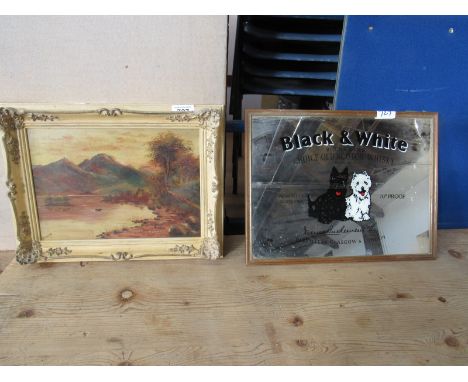  Sale Item:    OIL PAINTING LOCH & BLACK /WHITE WHISKY ADV MIRROR-DAMAGED (AF)  Vat Status:   No Vat   Buyers Premium:  This 