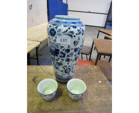  Sale Item:    BLUE & WHITE DELFT VASE 44 CMS & 2 BOWLS  Vat Status:   No Vat   Buyers Premium:  This lot is subject to a Buy