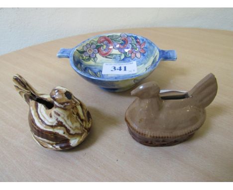  Sale Item:    2 SCOTTISH POTTERY HEN BANKS & PAINTED QUAICH (AF)  Vat Status:   No Vat   Buyers Premium:  This lot is subjec