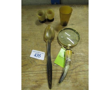  Sale Item:    HORN HANDLE MAGNIFYING GLASS CUP EGG CUPS & SPOON (AF)  Vat Status:   No Vat   Buyers Premium:  This lot is su