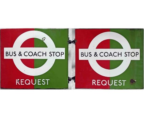 1950s/60s London Transport enamel BUS &amp; COACH STOP FLAG (Request). A double-sided, hollow 'boat'-style flag measuring 18"