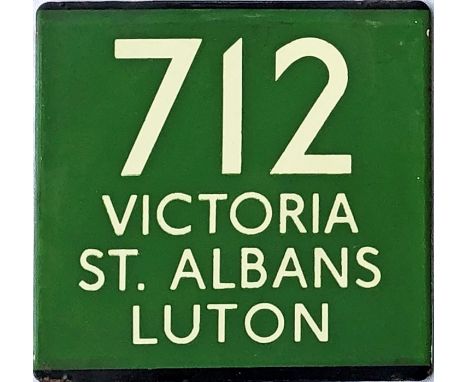 London Transport coach stop enamel E-PLATE for Green Line route 712 destinated Victoria, St Albans, Luton. Destinated plates 