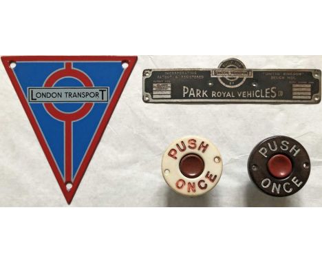 London Transport RT-type bus items comprising an enamel RADIATOR BADGE (unused), a Park Royal Vehicles alloy BODYBUILDER'S PL
