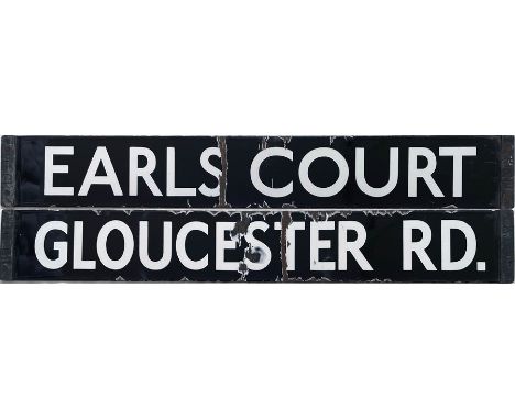 London Underground enamel DESTINATION PLATE for Earls Court / Gloucester Rd on the District Line. A slightly longer plate, mo