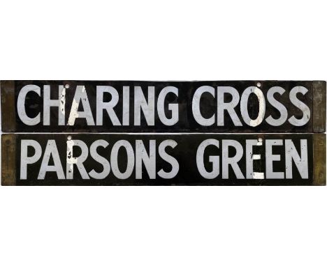 London Underground Q-Stock enamel CAB DESTINATION PLATE Charing Cross / Parsons Green on the District Line. Double-sided, rev