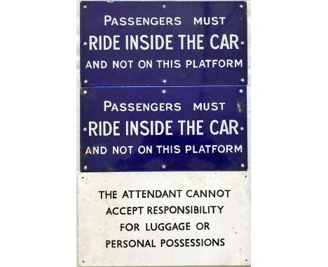 Pair of ENAMEL SIGNS, thought to be Mersey Railway, "Passengers must ride inside the car and not on this platform" plus a PLA