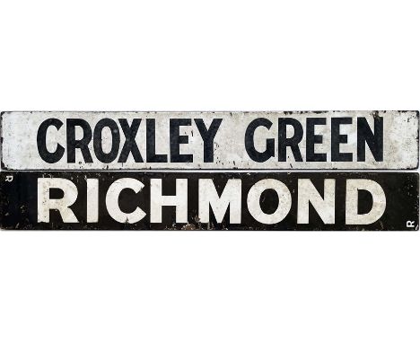 Enamel TRAIN DESTINATION PLATE 'Croxley Green/Richmond' (double-sided), believed to be from a 1920s LNWR/LMS electric multipl