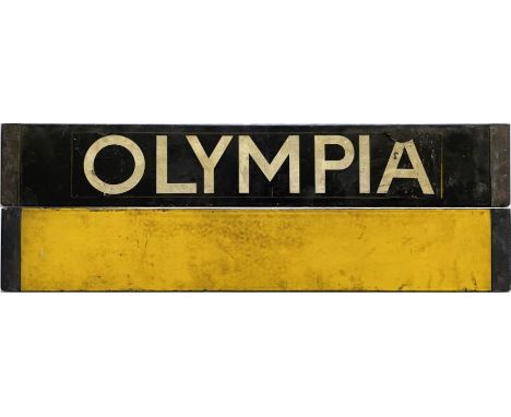 London Underground O/P/Q-Stock enamel CAB DESTINATION PLATE for Olympia (the destination is a sticker, the reverse side is bl