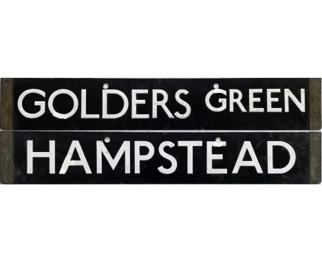 London Underground 1938-Tube Stock enamel CAB DESTINATION PLATE for Golders Green / Hampstead on the Northern Line. A double-