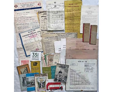 Bundle of LONDON TRANSPORT EPHEMERA, 1930s-1970s, including  tram and bus fare-charts, e-plate for Eastern National route 351