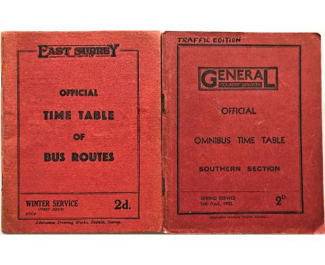 Pair of 1930s East Surrey Traction/General Country Services Southern Section TIMETABLE BOOKLETS comprising East Surrey Winter