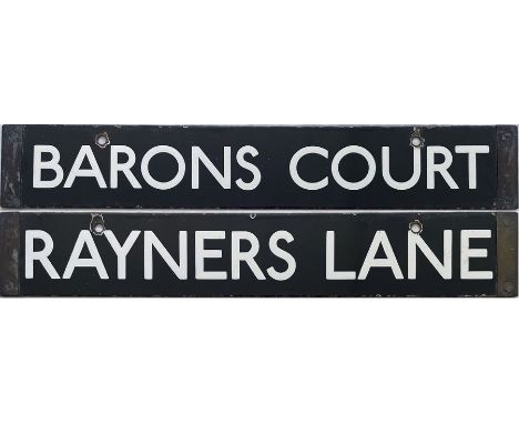 London Underground Standard or 1938-Tube Stock enamel CAB DESTINATION PLATE for Barons Court/Rayners Lane on the Piccadilly L