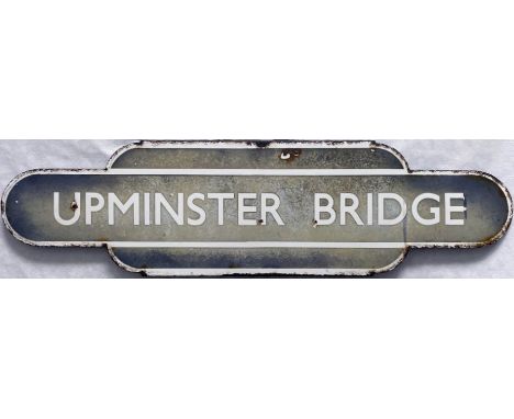 British Railways (Eastern Region) enamel STATION TOTEM SIGN from Upminster Bridge, opened in 1934 by the LMSR but used exclus