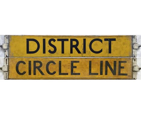 London Underground O/P/Q-Stock enamel CAB DESTINATION PLATE reading 'District' on one side and 'Circle Line' on the other. Bl
