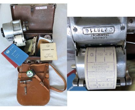 London Transport GIBSON TICKET MACHINE with box, leather cash-bag with budget key, spare ticket rolls, PSV badge, paper &amp;