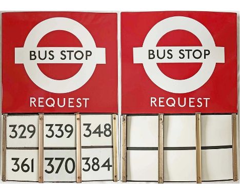London Transport enamel BUS STOP FLAG (Request) with E-PLATES. A 1950s/60s 'bullseye'-style, E6-size, double-sided 'boat'-typ