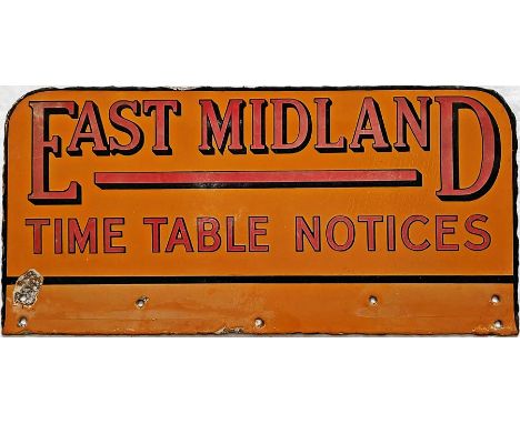 East Midland Motor Services enamel HEADER PLATE 'Time Table Notices', we estimate to be 1930s-1950s period. Measures 18.5" x 