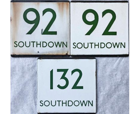 Trio of London Transport bus stop enamel E-PLATES for Southdown services, comprising routes 92 x 2 and 132. All have the gree