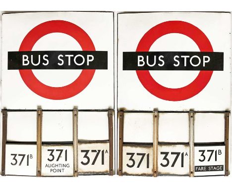 London Transport enamel BUS STOP FLAG (Compulsory) with E-PLATES. A 1950s/60s 'bullseye'-style, E6-size, double-sided 'boat'-