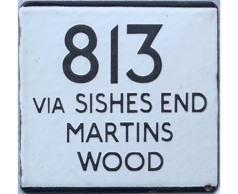 London Country bus stop enamel E-PLATE for route 813 destinated via Sishes End, Martins Wood. The 813 was introduced as a Ste