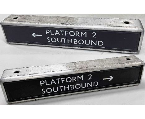 London Underground double-sided illuminated SIGN 'Platform 2 Southbound' with directional arrows. Partially translucent acryl
